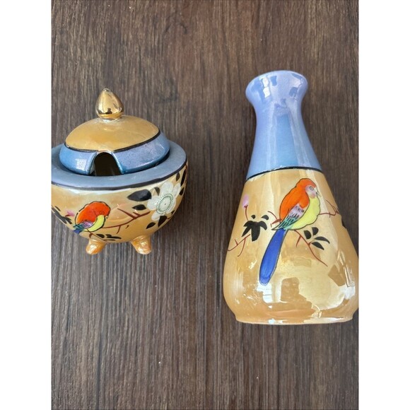Vintage Japan Lusterware Cream and sugar MCM Hand Painted Floral Fauna Bird 2pc - Picture 2 of 3